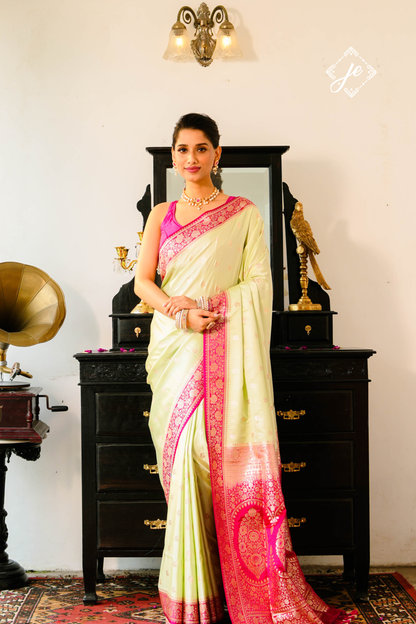 Pista Green Satin Silk with Contrast Rani Pink Border Banarasi Saree