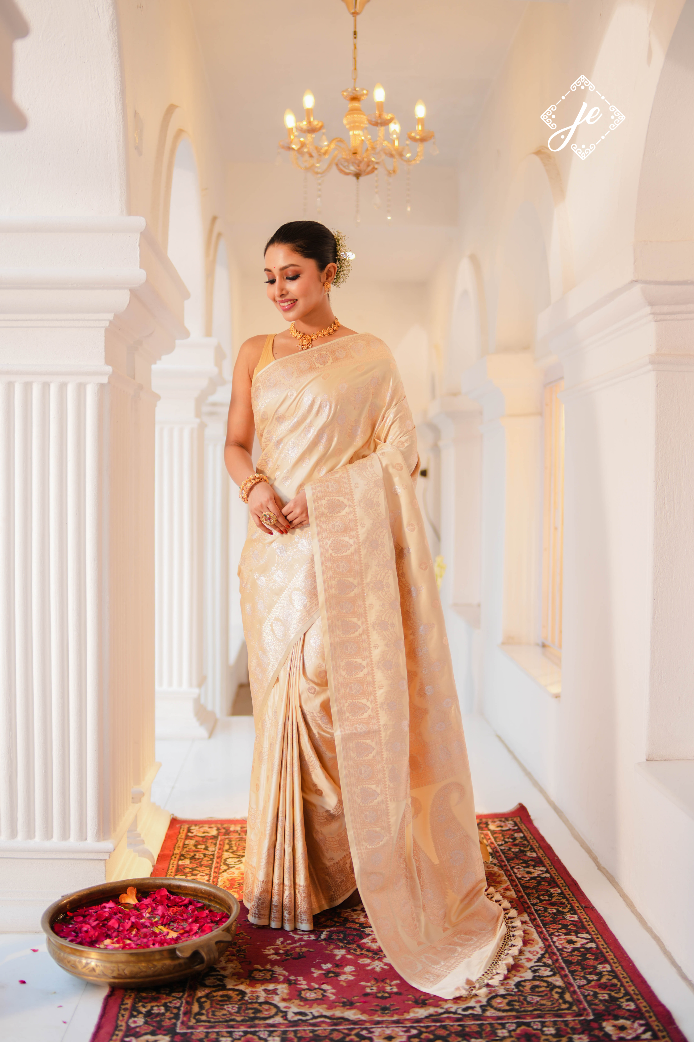 Beige Satin Silk Banarasi Saree