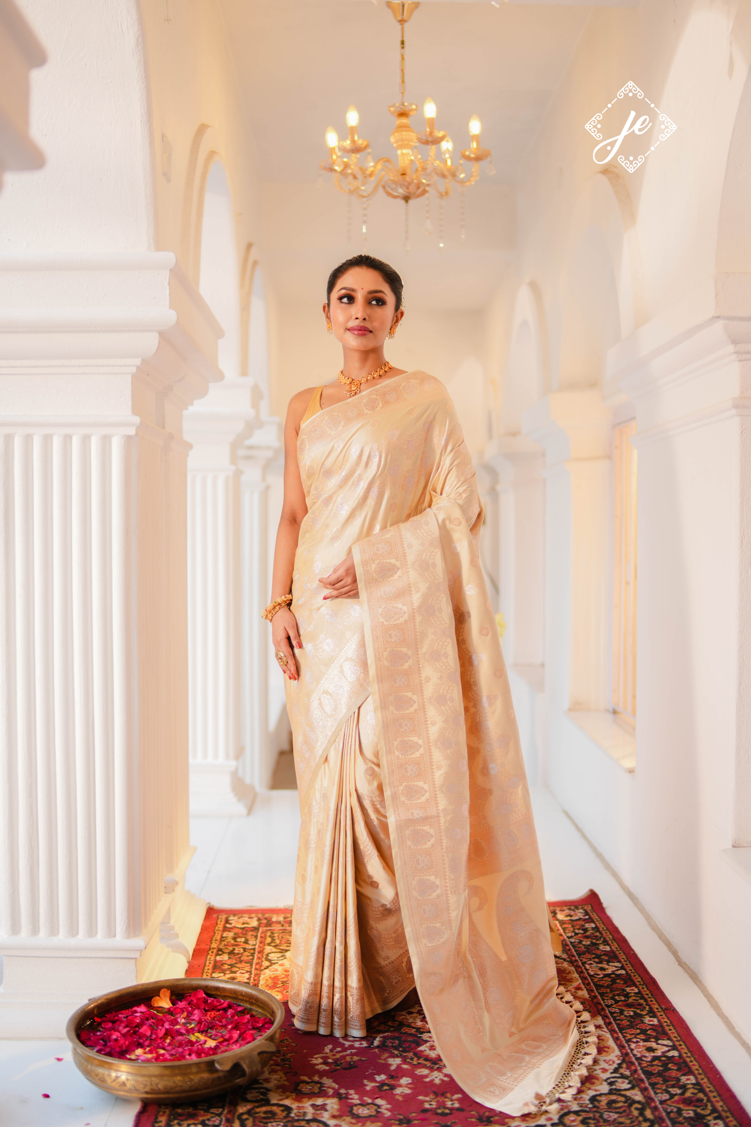 Beige Satin Silk Banarasi Saree