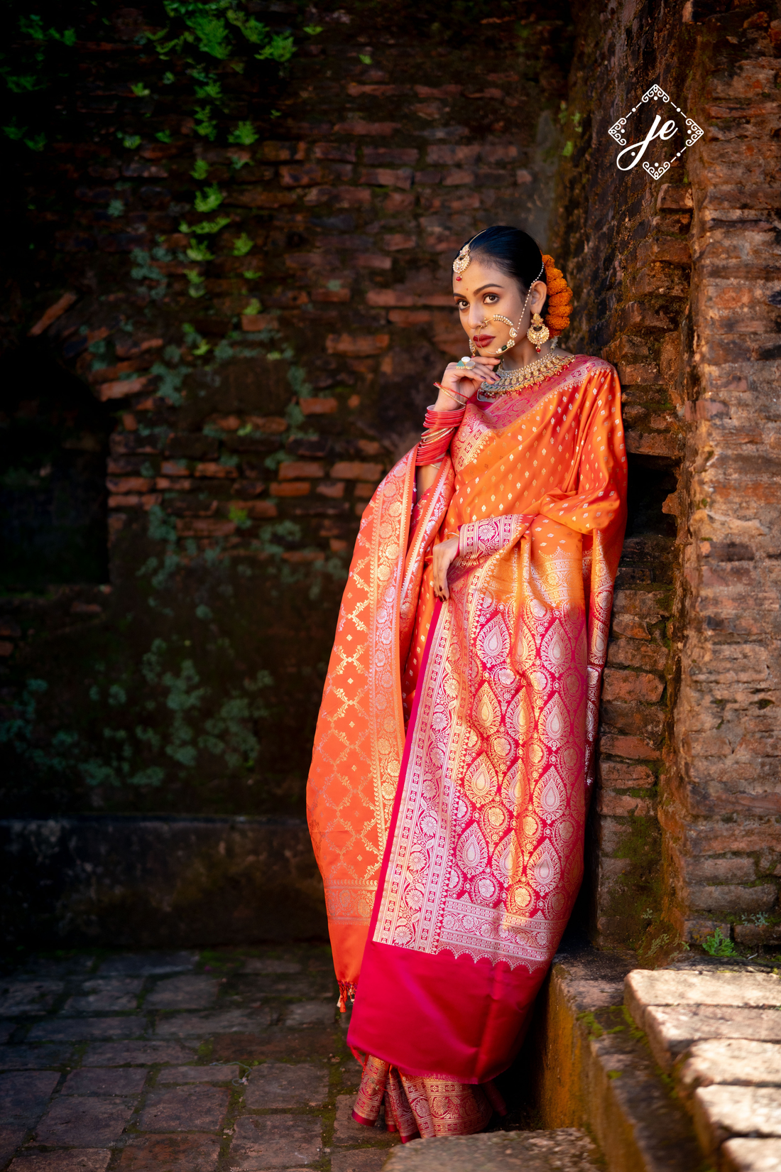 Orange Satin Silk with Rani Pink Border Satin Silk Banarasi Saree