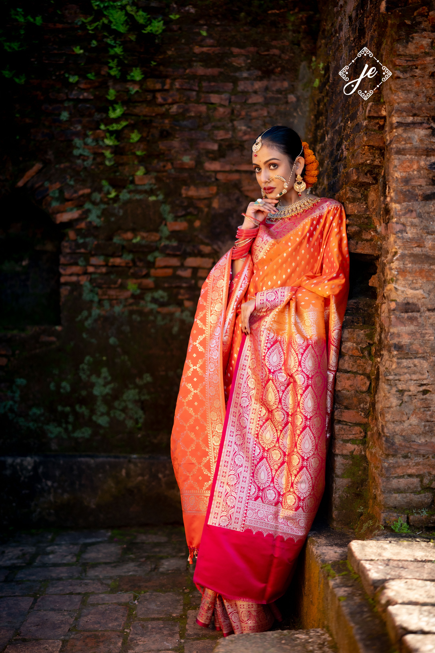 Orange Satin Silk with Rani Pink Border Satin Silk Banarasi Saree