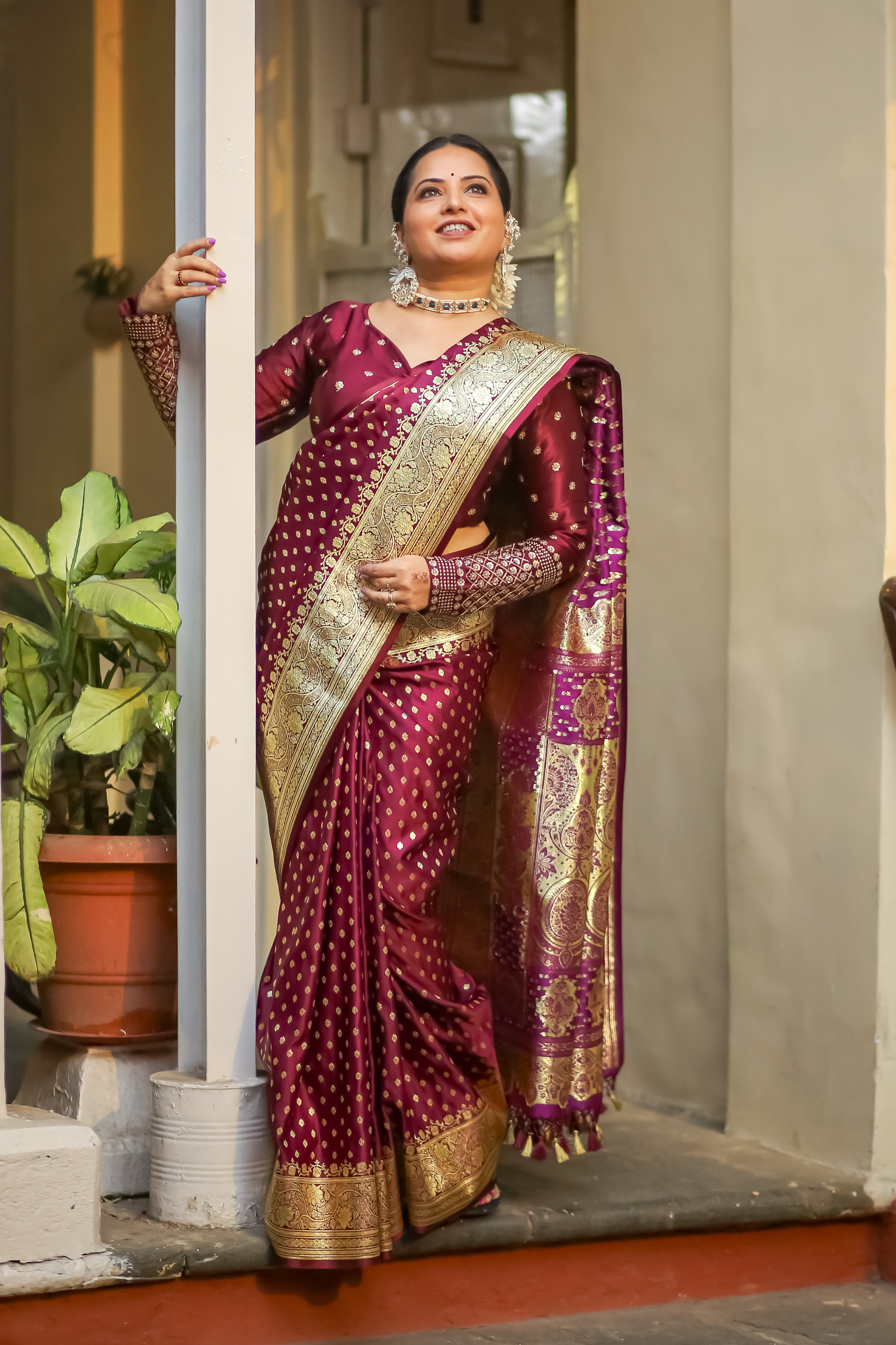 Wine Satin Silk Konia Banarasi Saree