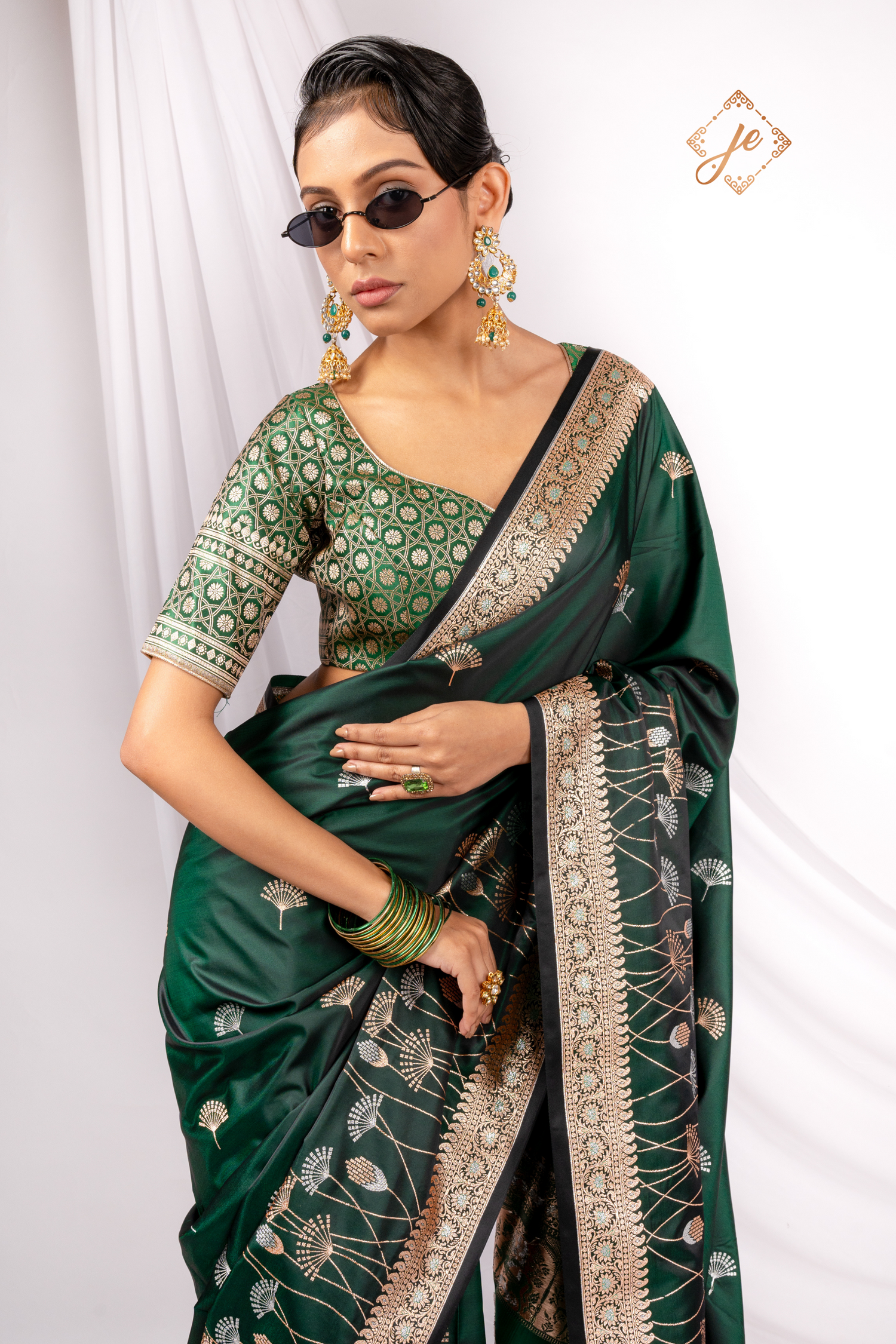 Bottle Green Satin Silk Banarasi Saree