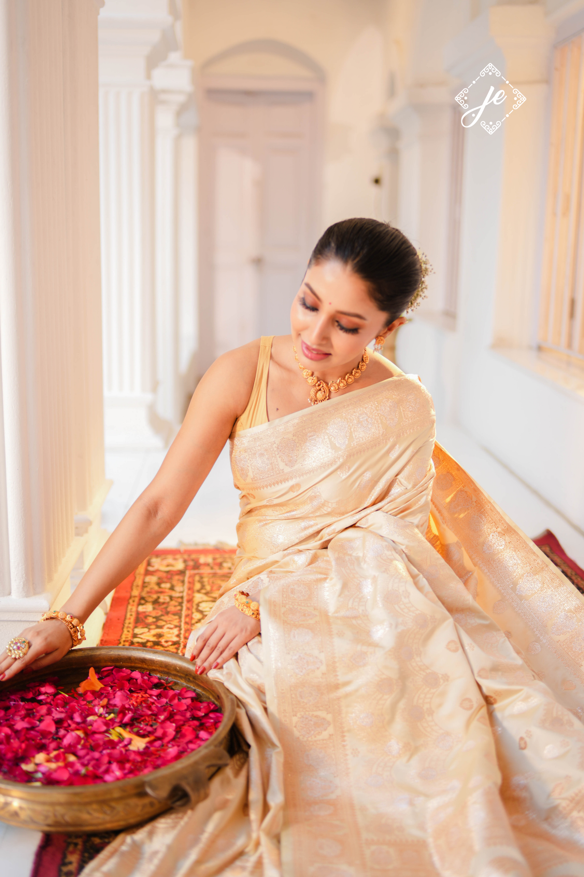 Beige Satin Silk Banarasi Saree
