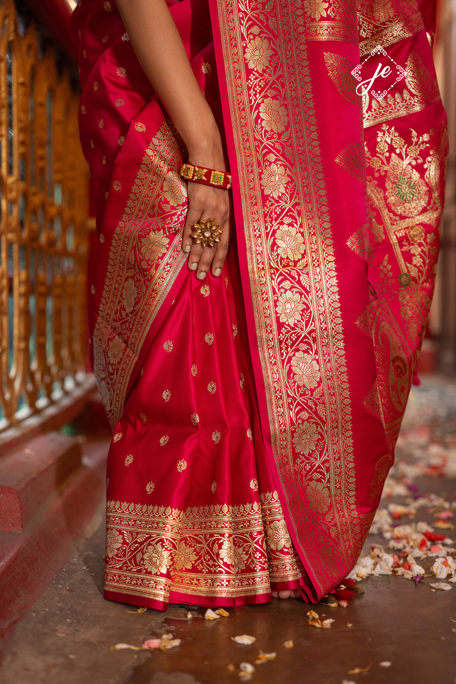 Rani Pink Satin Silk Buti Leheriya Mix Meenakari Banarasi Saree