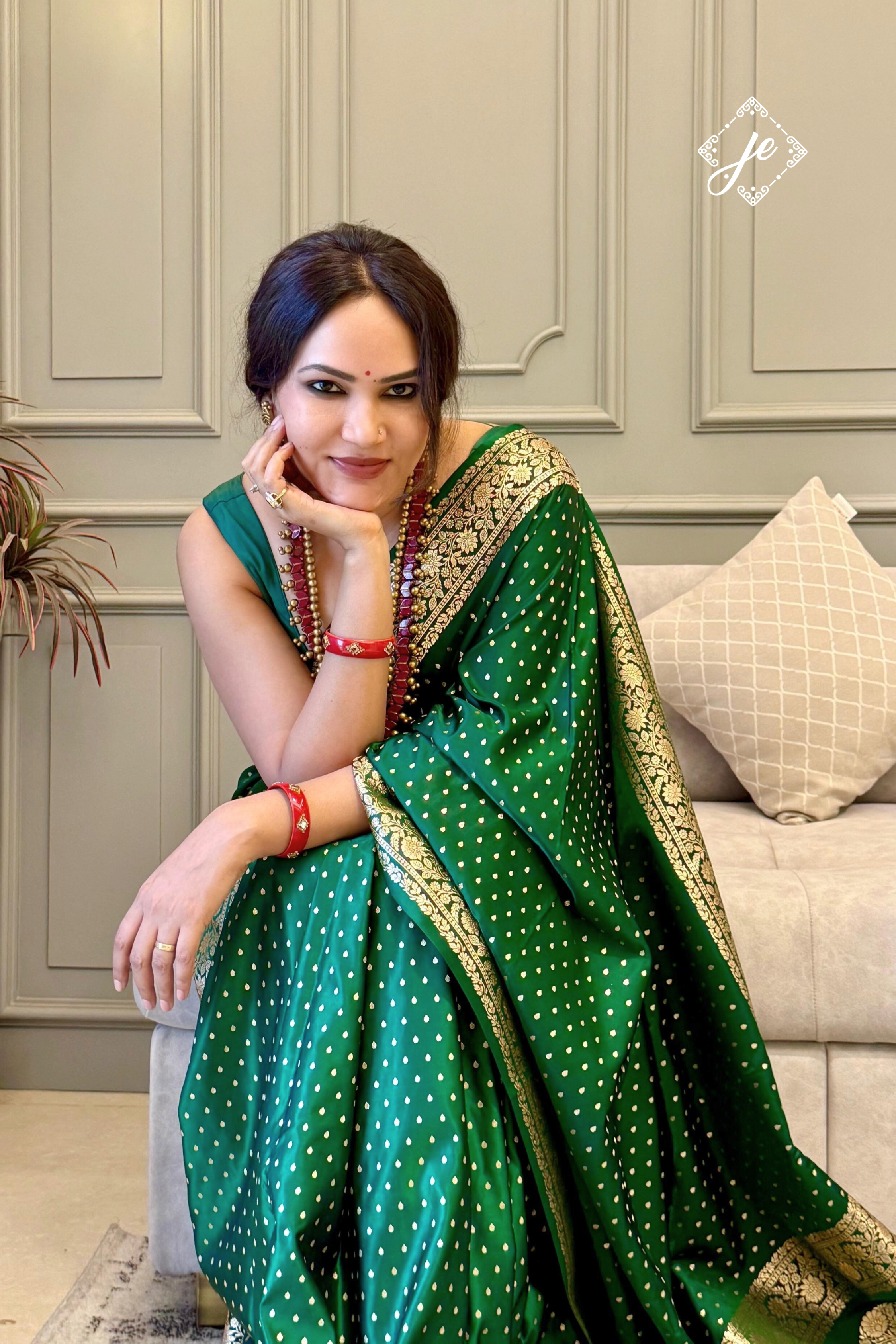 Green Satin Silk Buti Banarasi Saree