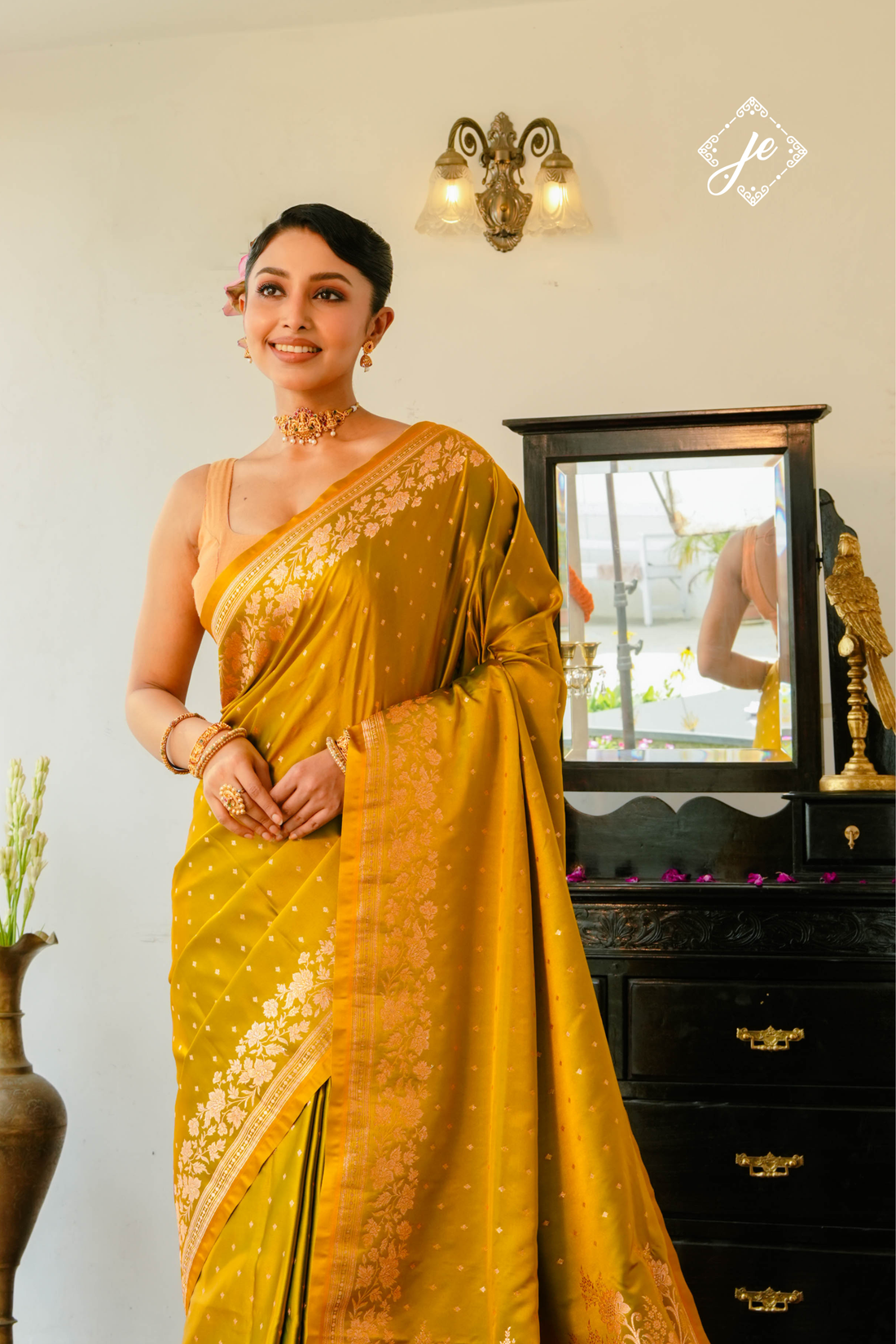 Mustard Gold Satin Silk Buti Banarasi Saree