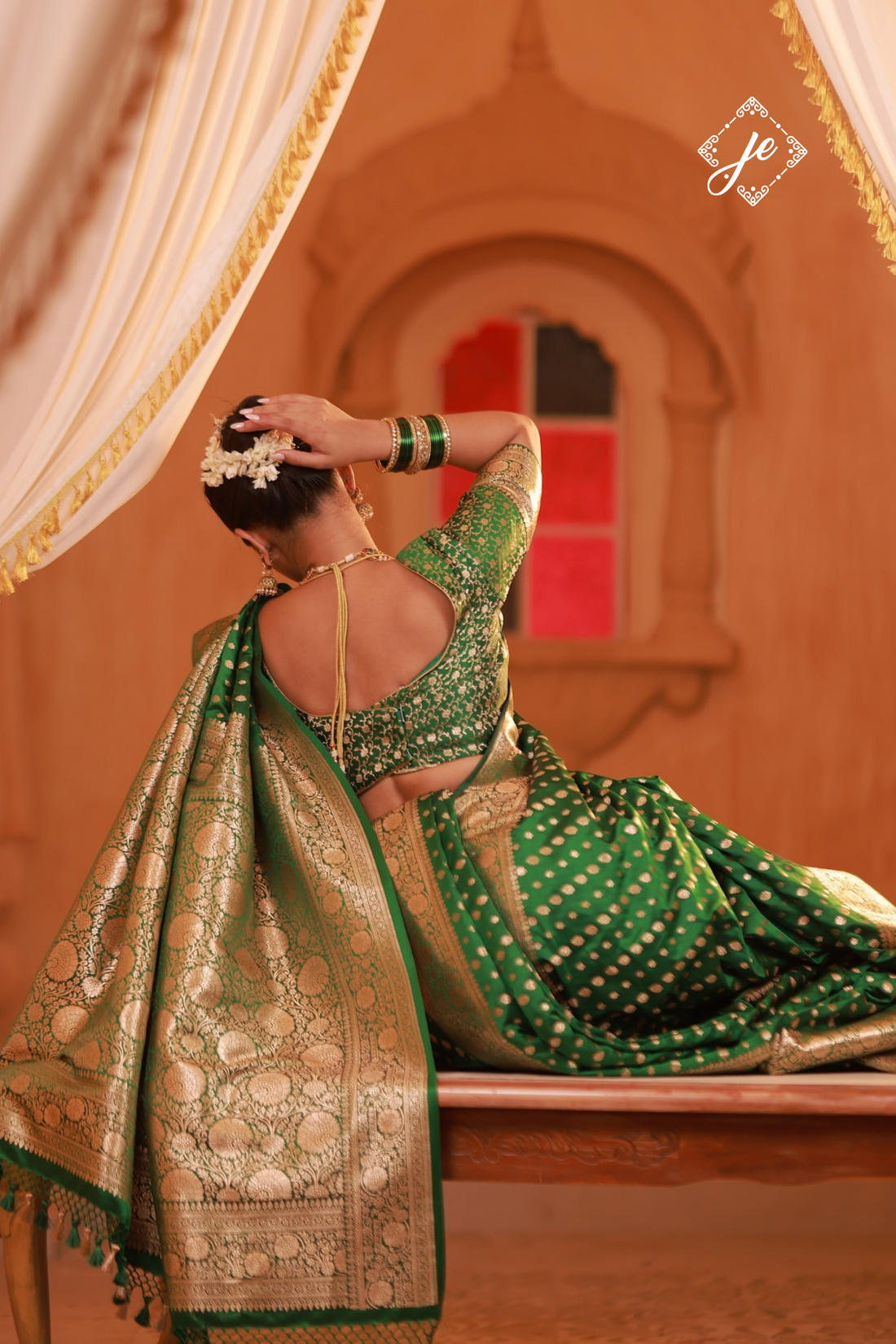 Green Satin Silk Leheriya Buti Banarasi Saree