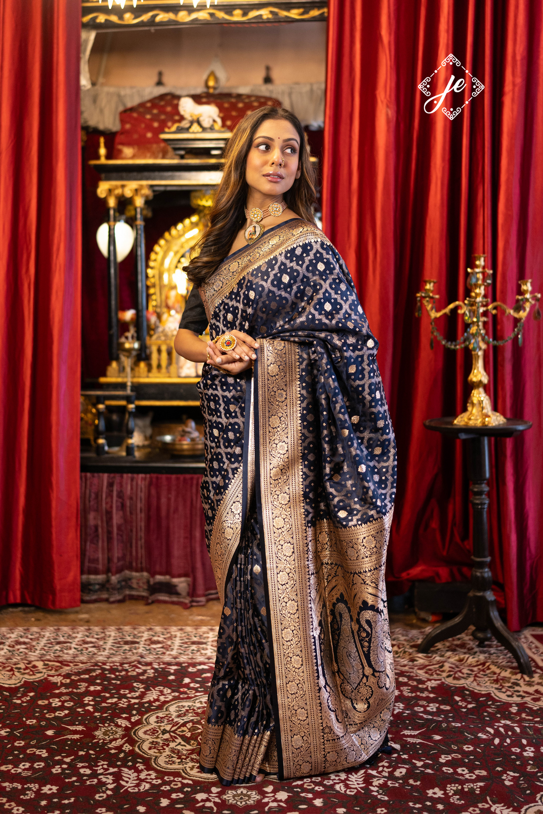 Navy Blue Satin Silk Jaal Banarasi Saree