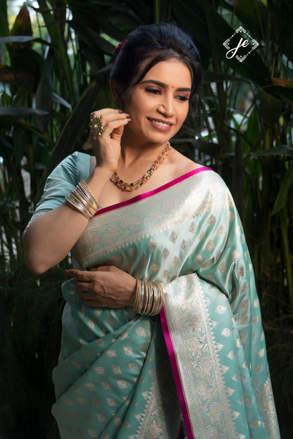 Aqua Green Satin Silk Buti Banarasi Saree