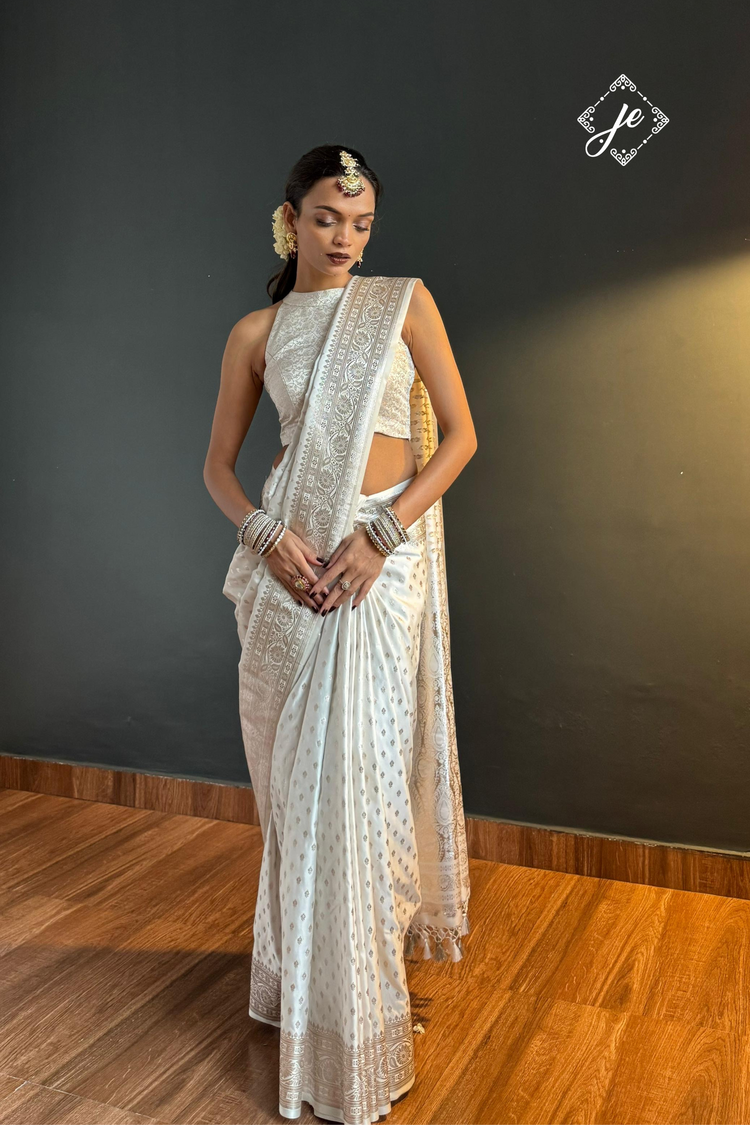 White Satin Silk Buti Banarasi Saree