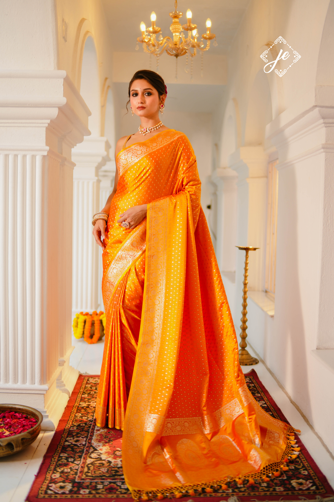 Orange Satin Silk Buti Banarasi Saree