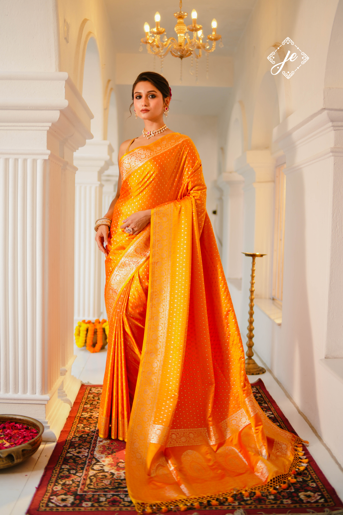 Orange Satin Silk Buti Banarasi Saree