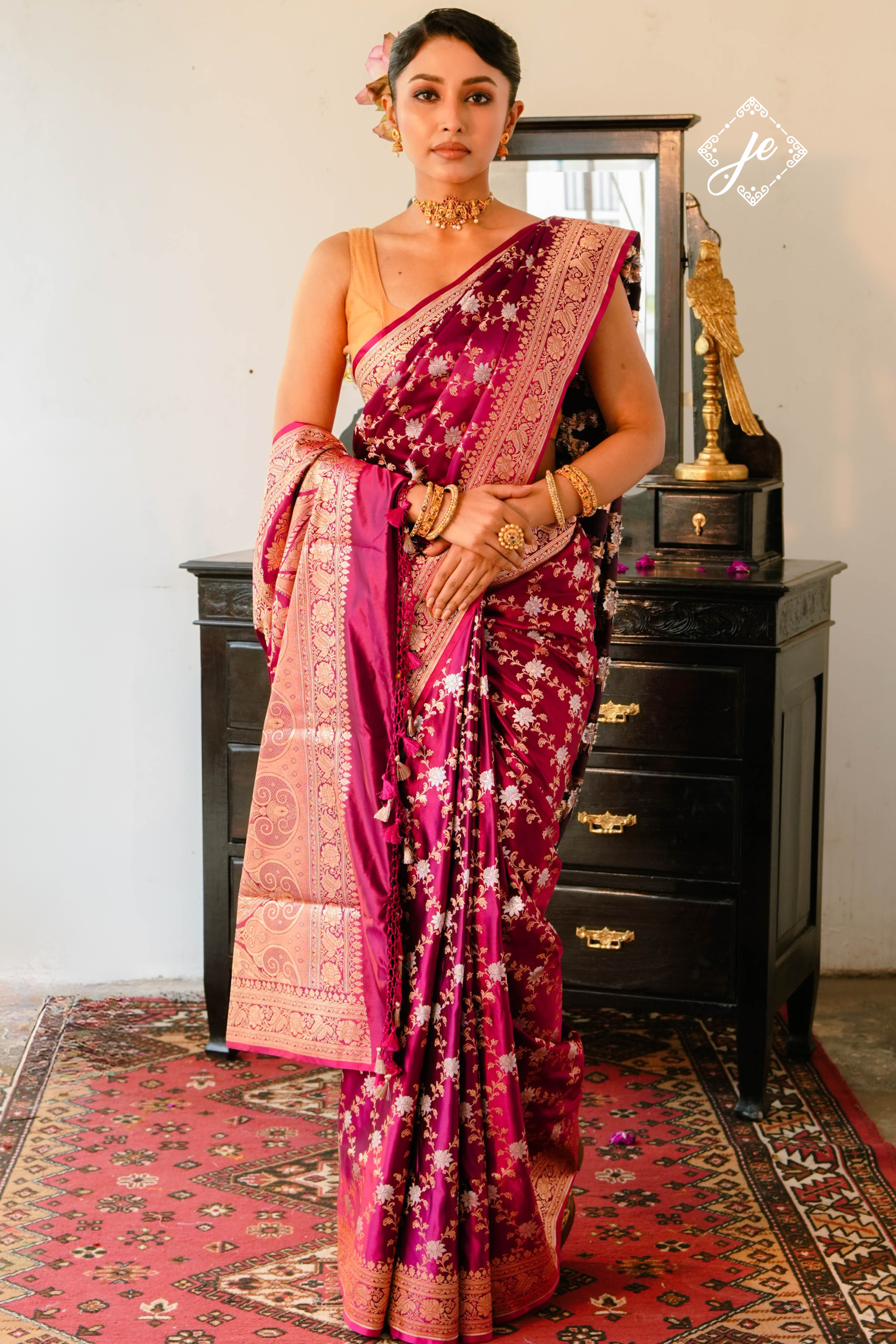 Wine Satin Silk Jaal Banarasi Saree