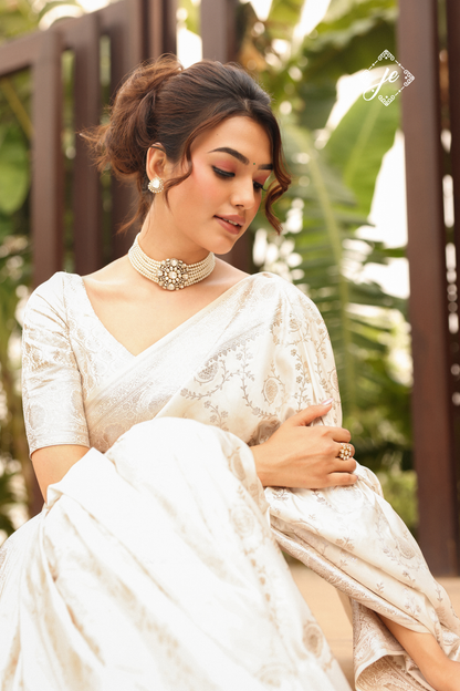 White Satin Silk Jaal Banarasi Saree