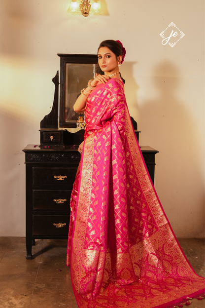 Rani Pink Satin Tissue Silk Jaal Banarasi Saree
