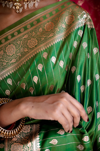 Green Satin Silk Striped Banarasi Saree