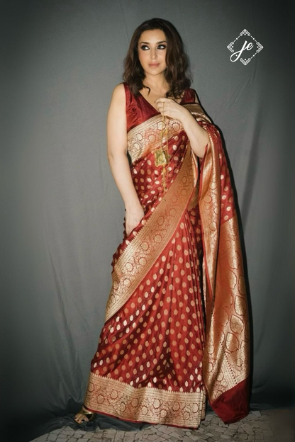 Maroon Satin Silk Jamevaar Buti Banarasi Saree