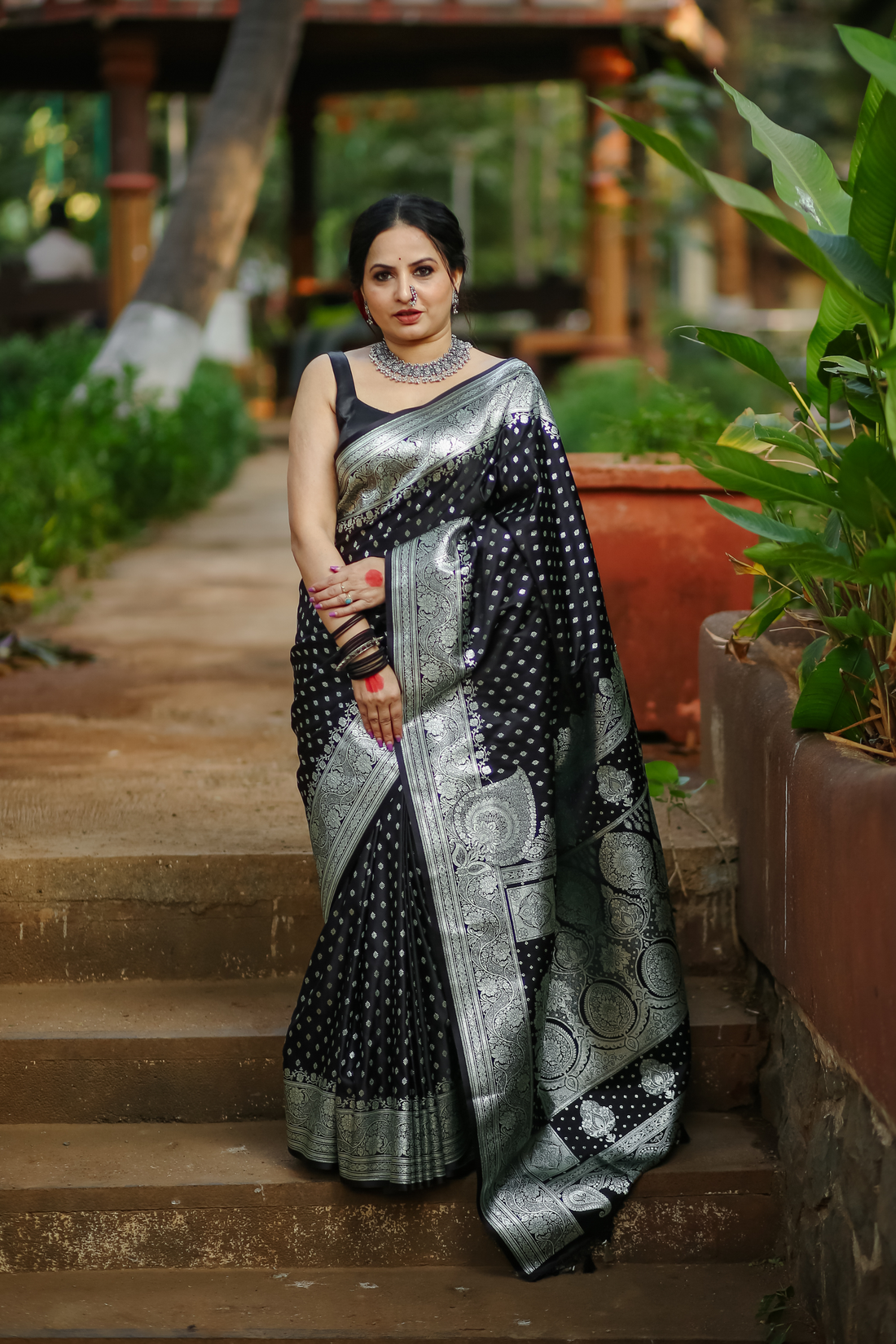 Black Satin Silk Konia Banarasi Saree