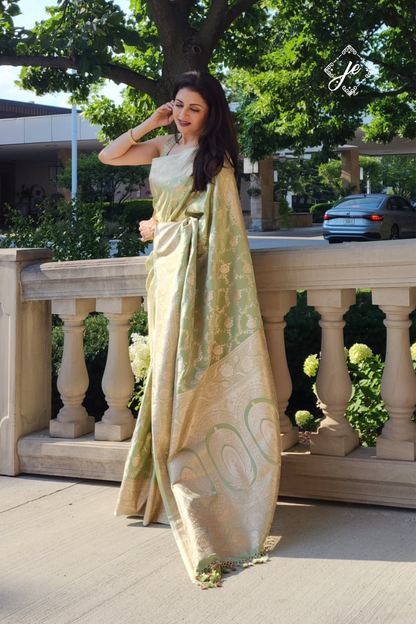Pista Green Satin Silk Jaal Banarasi Saree