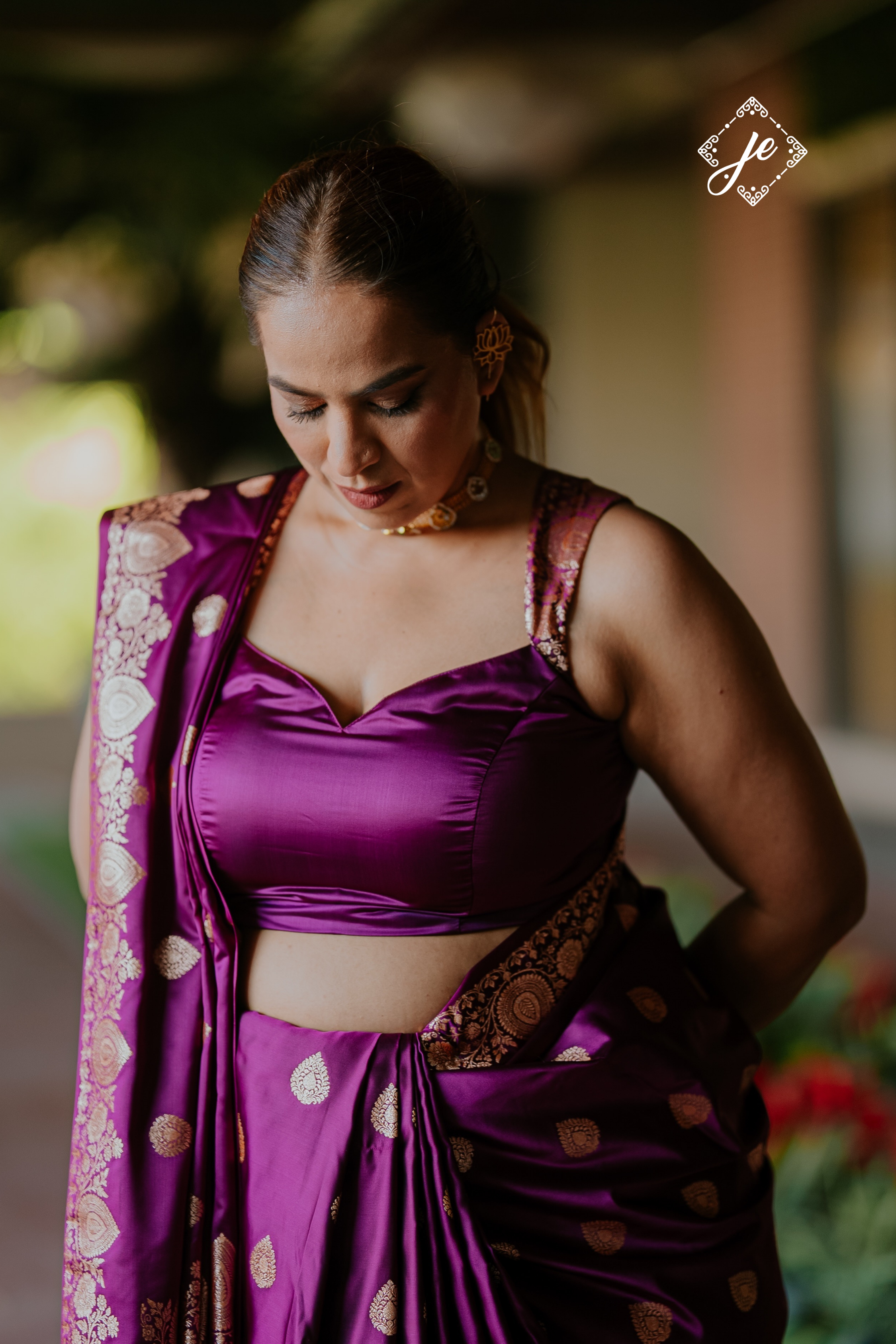 Purple Open Border Satin Silk Banarasi Saree