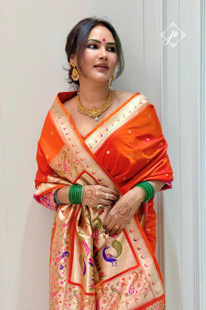 Orange Satin Silk Paithani Banarasi Saree