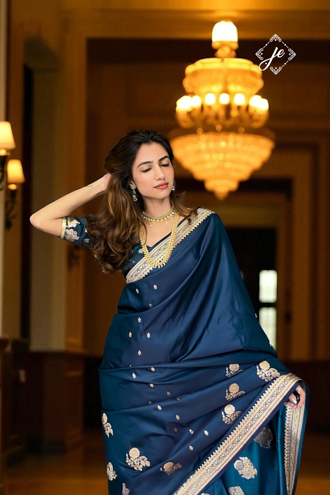 German Blue Satin Silk Banarasi Saree