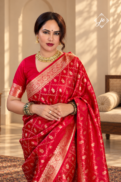 Red Satin Tissue Silk Jaal Banarasi Saree