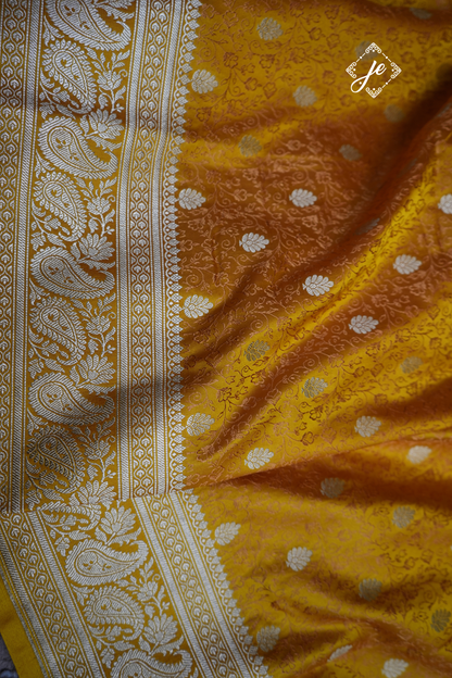 Yellow Satin Silk Jamevaar Buti Banarasi Saree