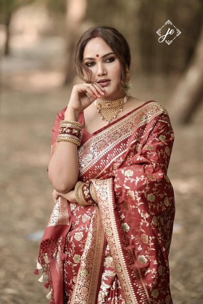 Maroon Satin Silk Jaal Banarasi Saree