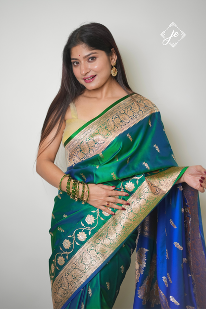 Dual Tone Green Blue Satin Silk Banarasi Saree