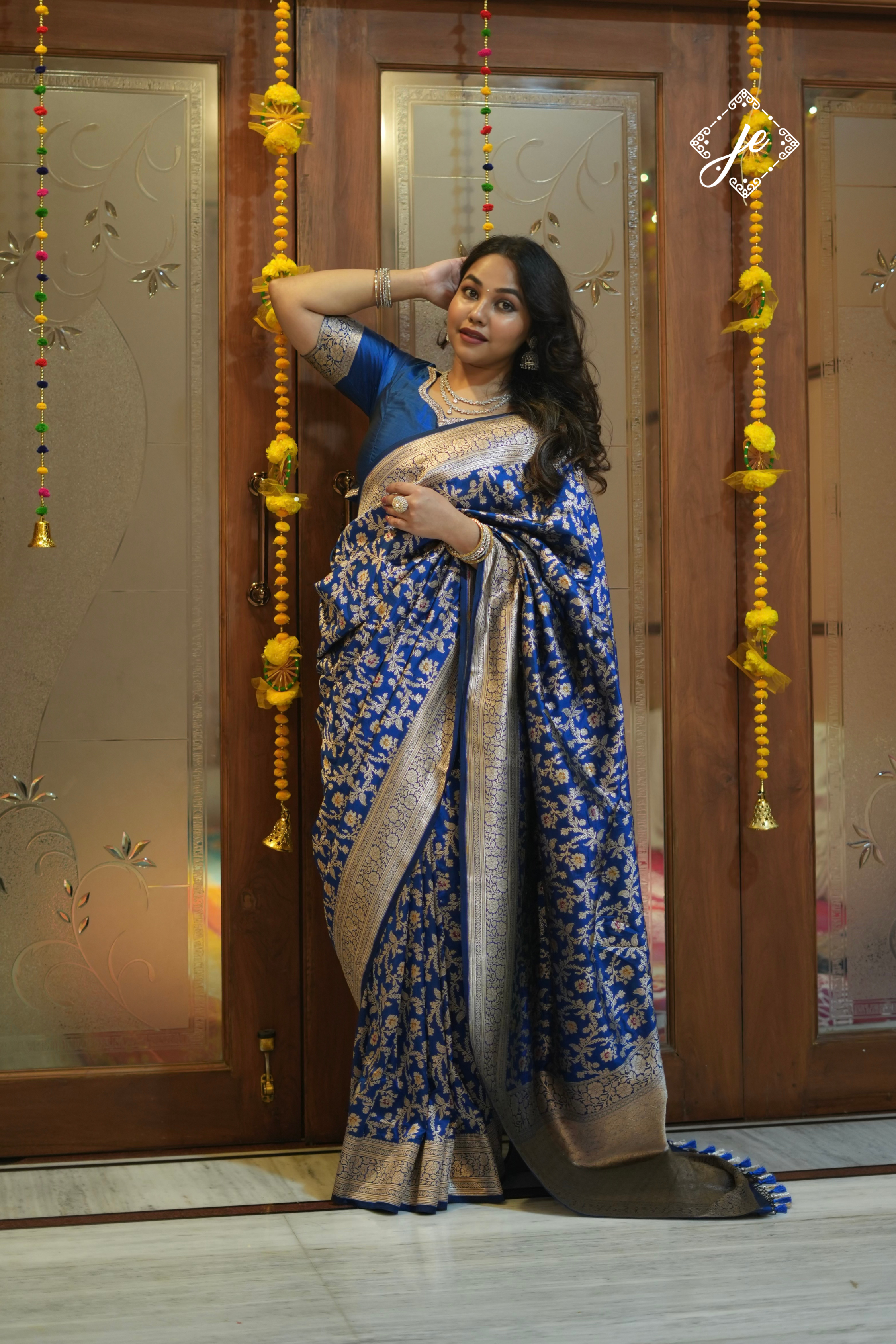 Royal Blue Pure Kataan Silk Meenakari Jaal Banarasi Saree