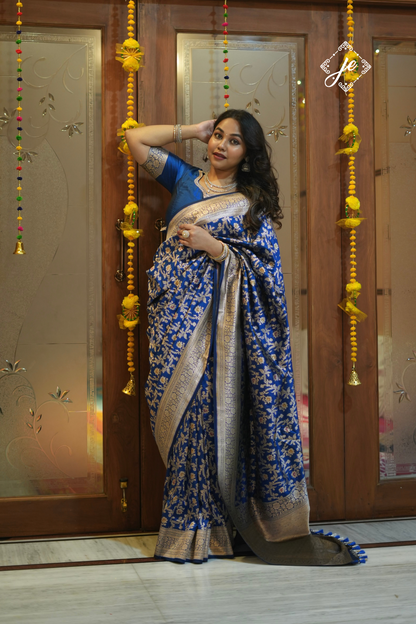 Royal Blue Pure Kataan Silk Meenakari Jaal Banarasi Saree