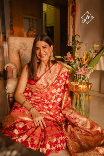 Red Pure Silk Jaal Handloom Banarasi Saree