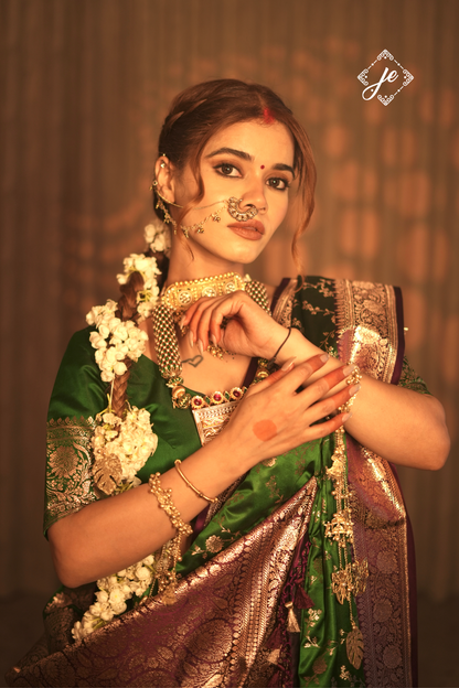 Bottle Green Satin Silk with Contrast Magenta Border Banarasi Saree