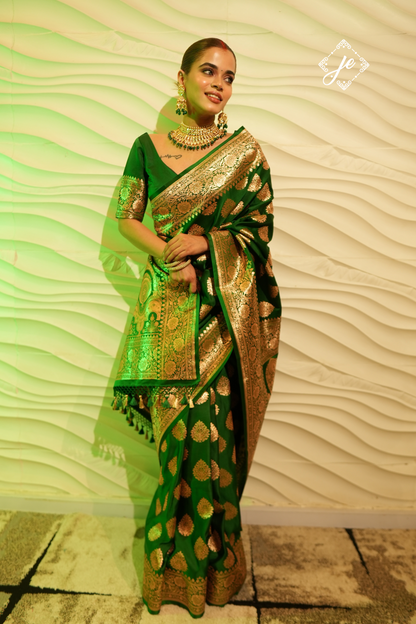 Green Satin Silk Banarasi Saree