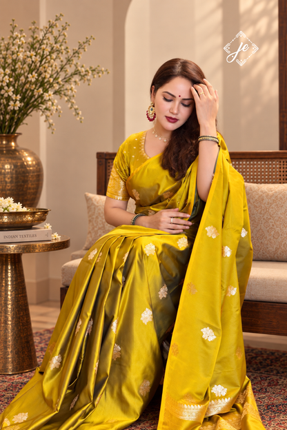 Mustard Gold Satin Silk Buti Banarasi Saree