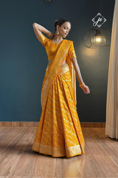 Yellow Leheriya Satin Silk Buti Banarasi Saree