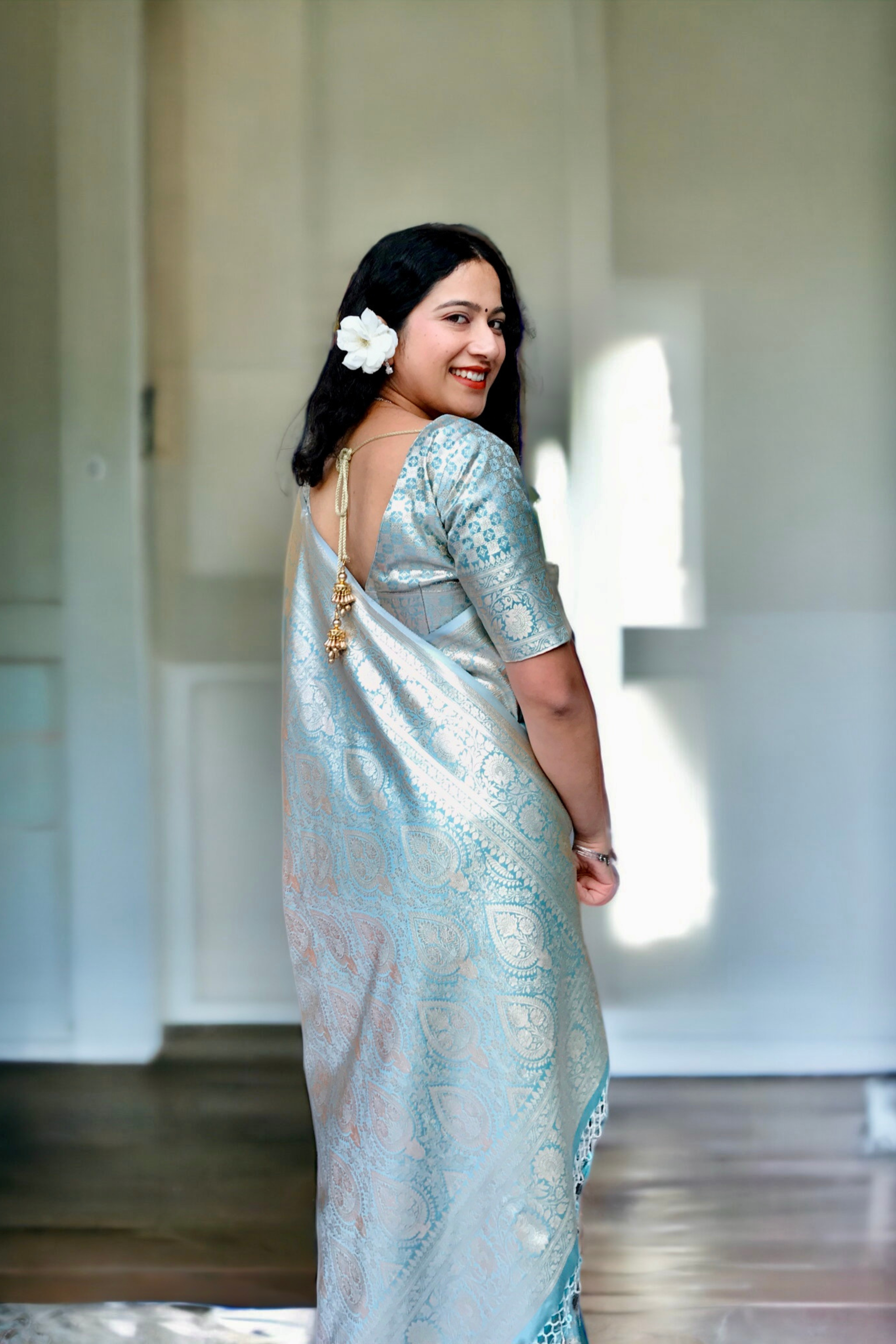 Ice Blue Gota Work Organza Draped Sari | The Grand Trunk