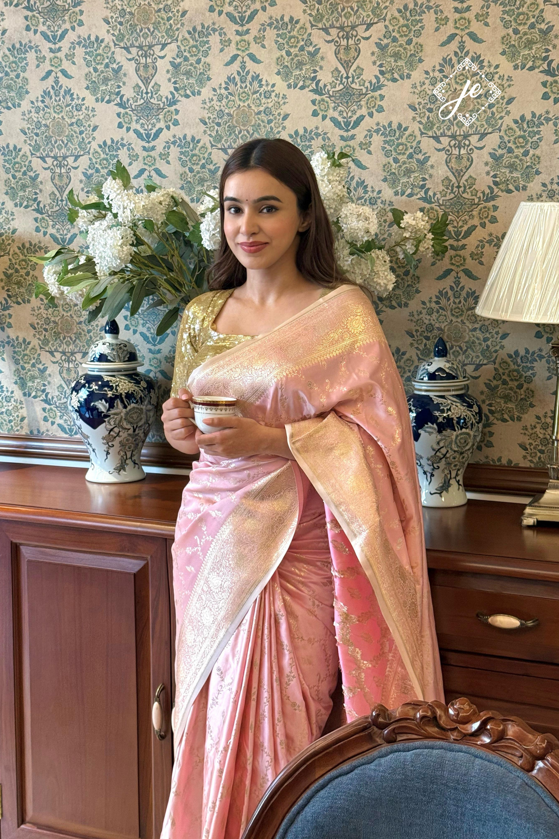 Lemonade Pink Satin Silk Jaal Banarasi Saree