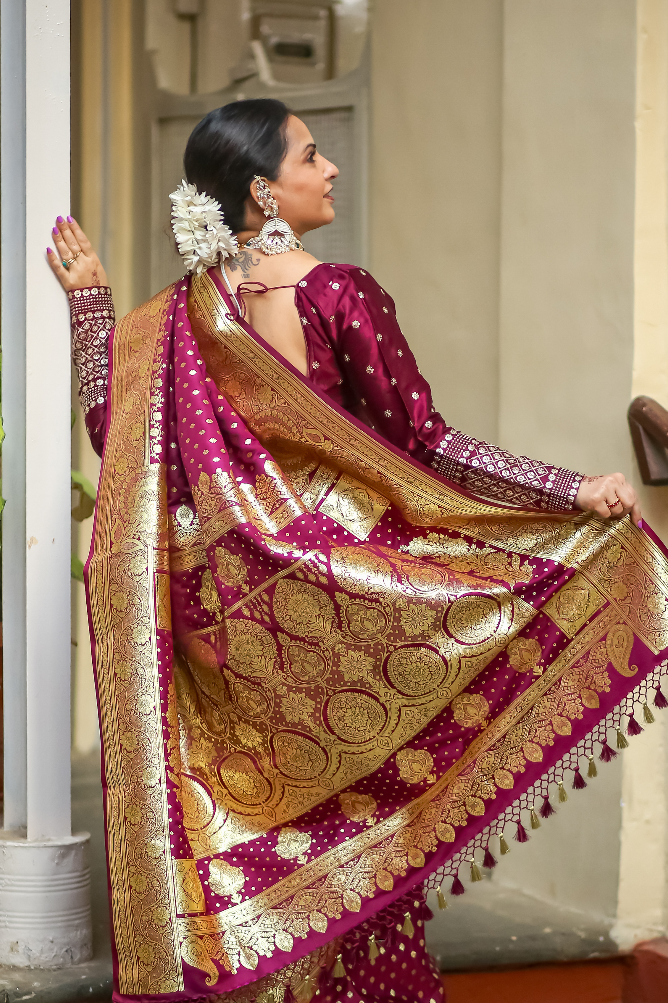 Wine Satin Silk Konia Banarasi Saree