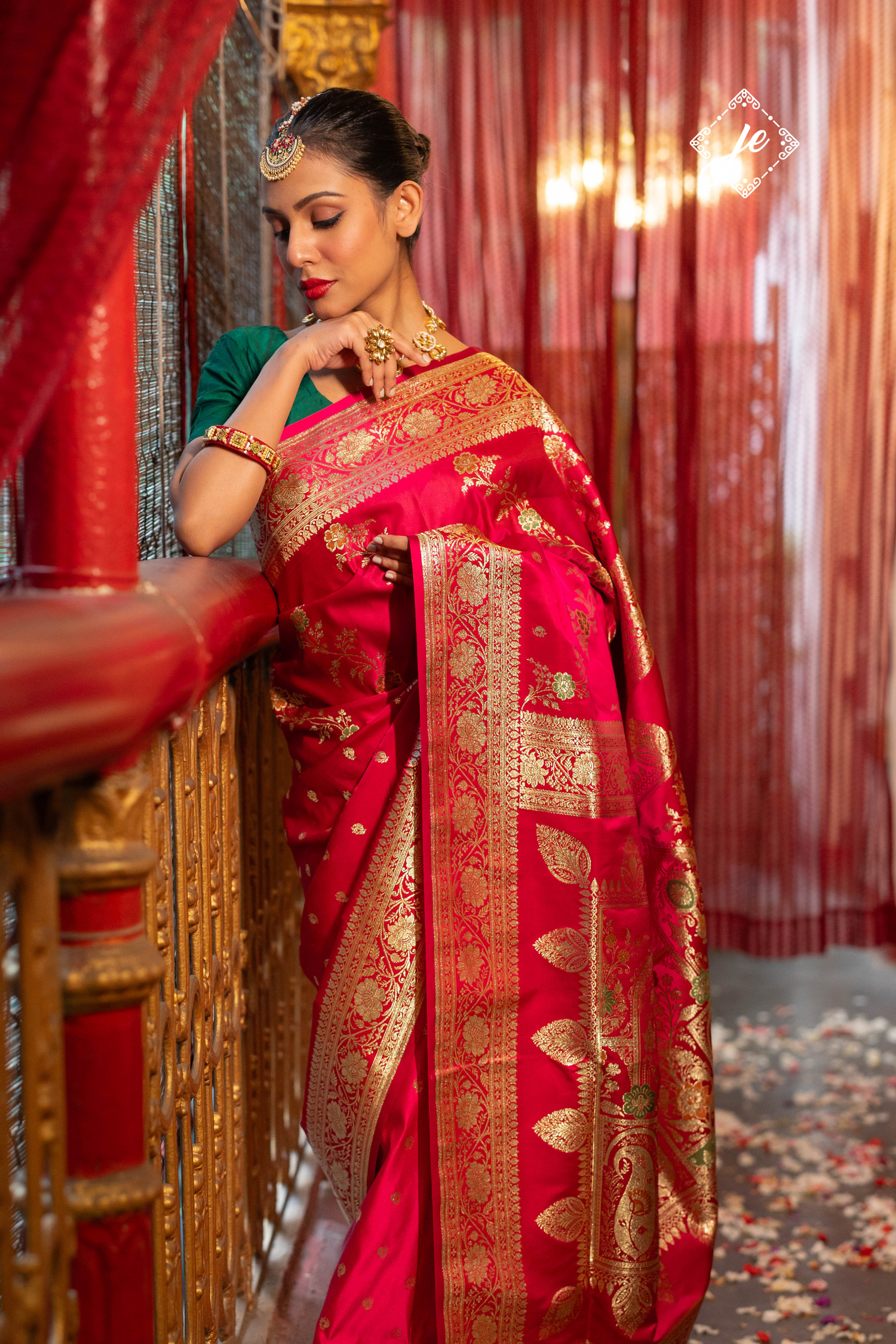 Rani Pink Satin Silk Buti Leheriya Mix Meenakari Banarasi Saree