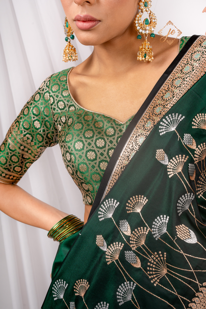 Bottle Green Satin Silk Banarasi Saree