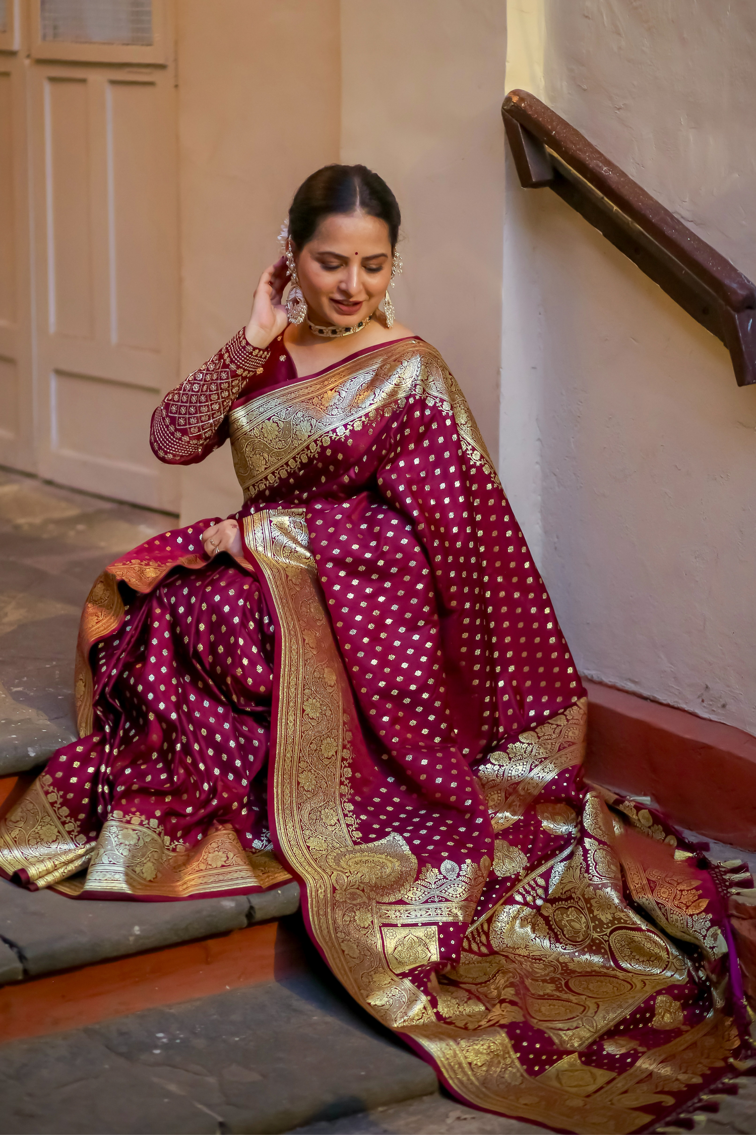 Wine Satin Silk Konia Banarasi Saree