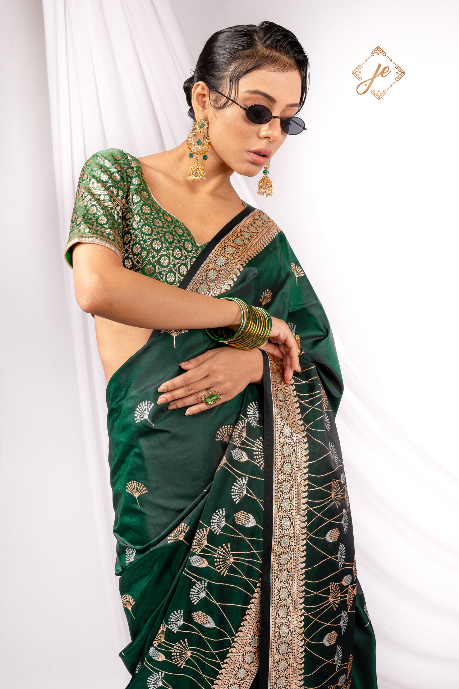 Bottle Green Satin Silk Banarasi Saree