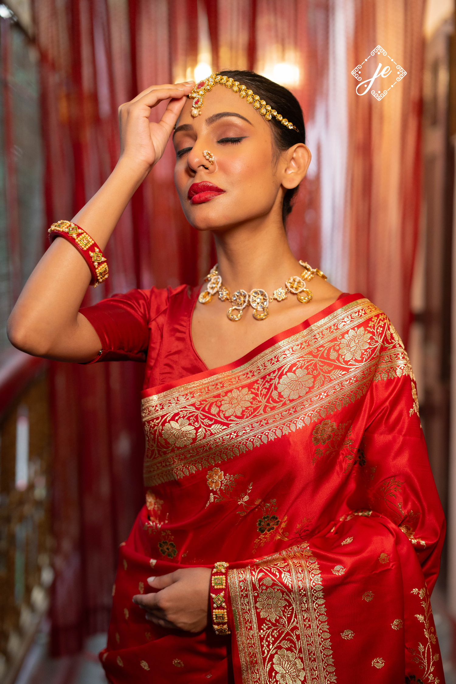 Red Satin Silk Buti Leheriya Mix Meenakari Banarasi Saree