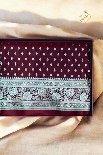 Maroon Satin Silk Buti Banarasi Saree