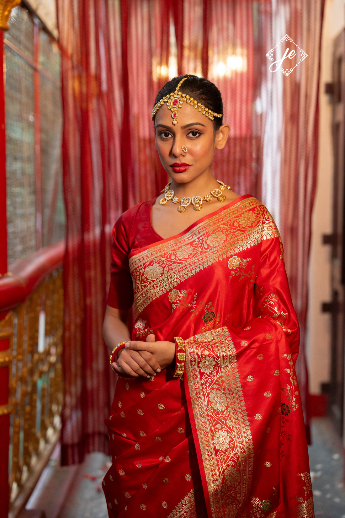 Red Satin Silk Buti Leheriya Mix Meenakari Banarasi Saree