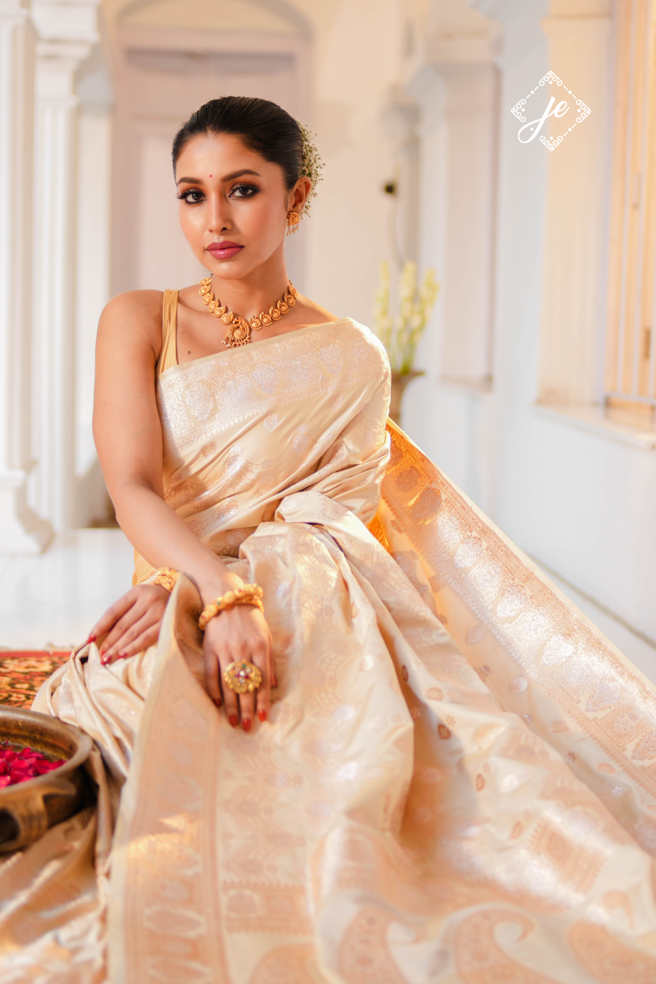 Beige Satin Silk Banarasi Saree
