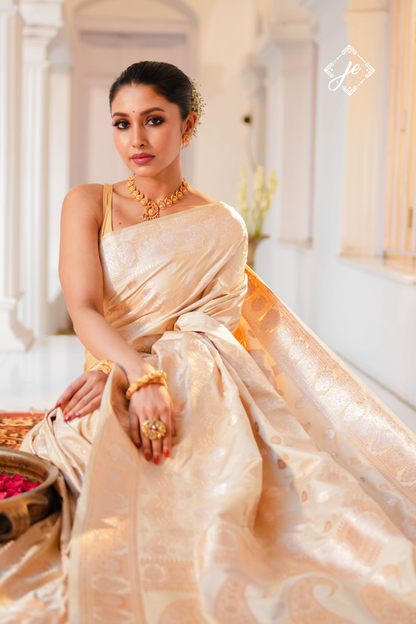 Beige Satin Silk Banarasi Saree